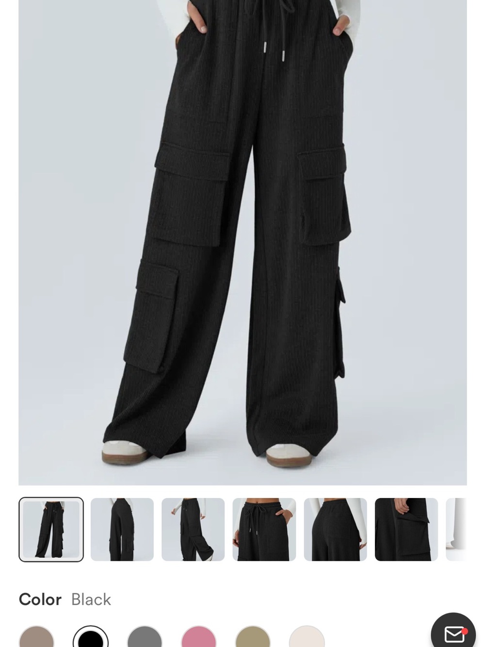 Halara Ribbed Mid Rise Drawstring Pockets Wide Leg Cargo Casual Pants in black